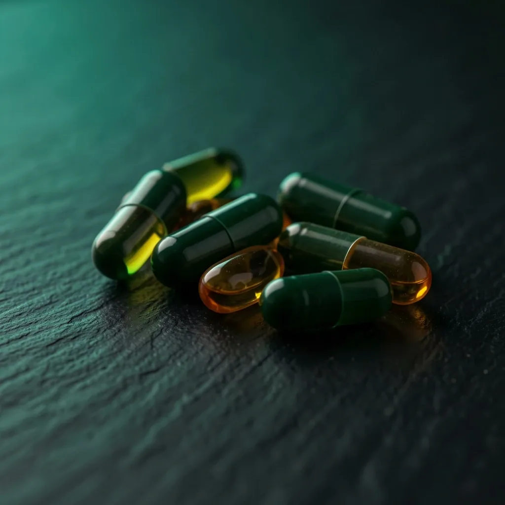 Natural supplement capsules on dark surface