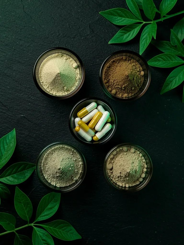 Arranged natural supplement capsules and powders