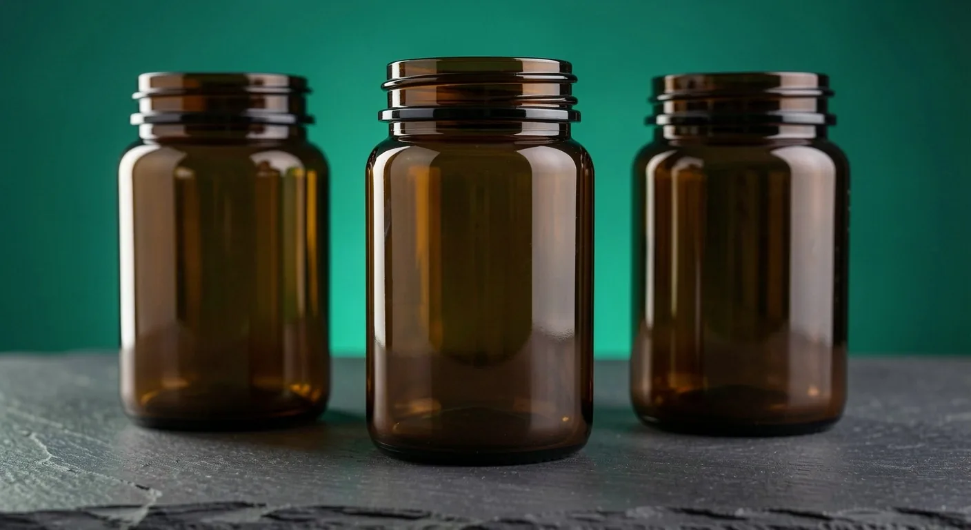 Dark amber supplement bottles on laboratory bench