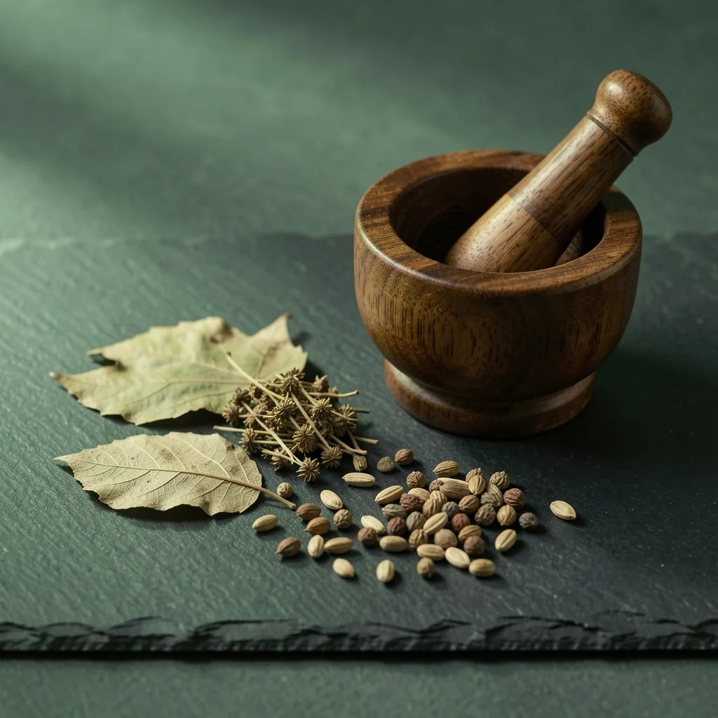 Dried botanicals and mortar on dark surface