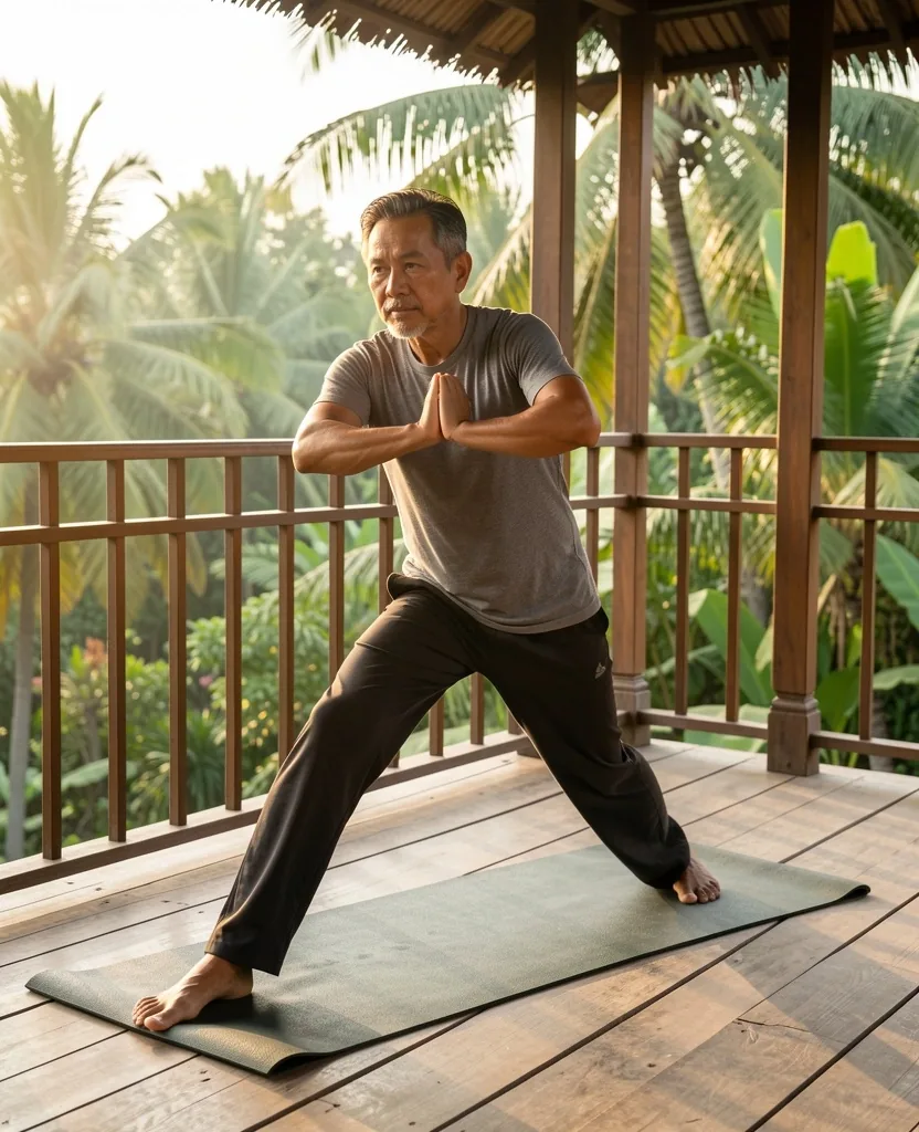Active middle-aged man in morning light